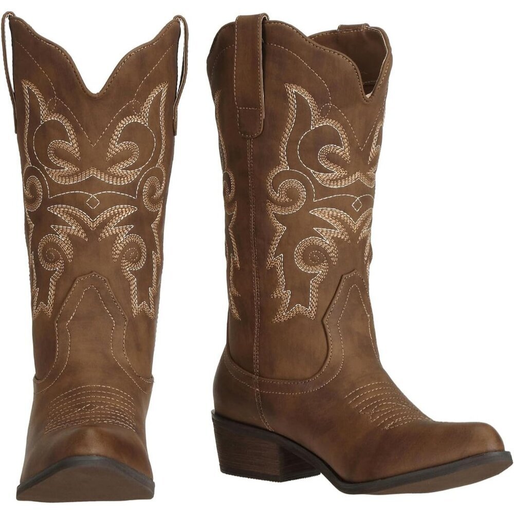 Woman's Distressed Brown Pu leather Cowgirl Mid Wide Calf Western Fashion Boots - Picture 6 of 8